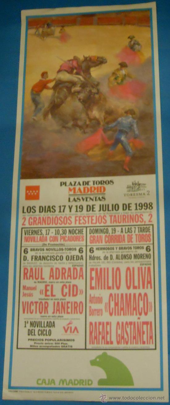Stierkampf: CARTEL DE TOROS. PLAZA DE MADRID. 2 MONUMENTALES FETSEJOS TAURINOS. A&Ntilde;O 1998.