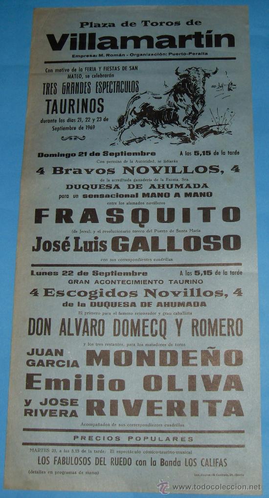 Stierkampf: CARTEL DE TOROS. PLAZA DE VILLAMARTIN. MONDE&Ntilde;O, E. OLIVA Y RIVERITA. A&Ntilde;O 1969.