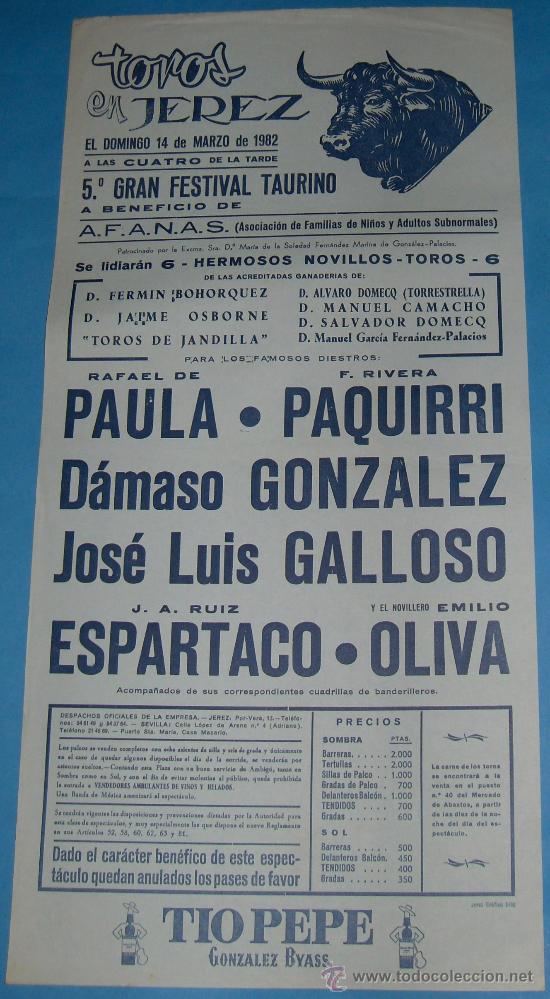 Stierkampf: CARTEL DE TOROS. PLAZA DE JEREZ. 5&ordm; GRAN FESTIVAL TAURINO. A BENEFICIO DE A.F.A.N.A.S. A&Ntilde;O 1982.
