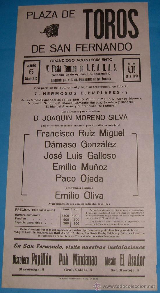Stierkampf: CARTEL DE TOROS. PLAZA DE SAN FERNANDO. IX FIESTA BENEFICA A FAVOR DE A.F.A.N.A.S. A&Ntilde;O 1982.