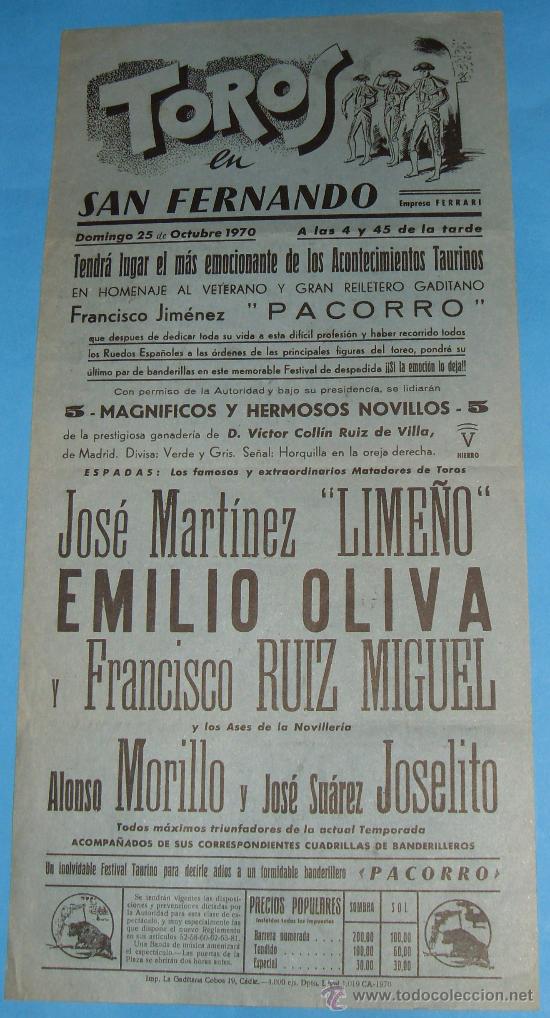 Tauromaquia: CARTEL DE TOROS. PLAZA DE SAN FERNANDO. LIME&Ntilde;O, EMILIO OLIVA, RUIZ MIGUEL, MORILLO Y JOSELITO.