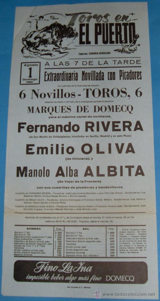 Stierkampf: CARTEL DE TOROS. PLAZA DEL PUERTO. FERNANDO RIVERA, E. OLIVA Y MANOLO ALBA ALBITA. A&Ntilde;O 1982.