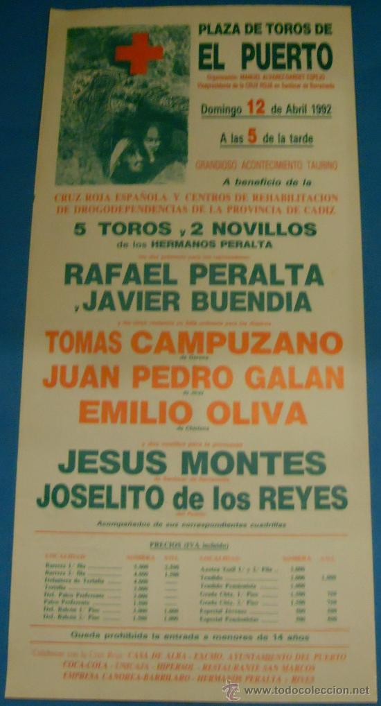 Stierkampf: CARTEL DE TOROS. PLAZA DEL PUERTO. A BENEFICIO DE CRUZ ROJA Y CENTROS DE REHABILITACION. A&Ntilde;O 1992.