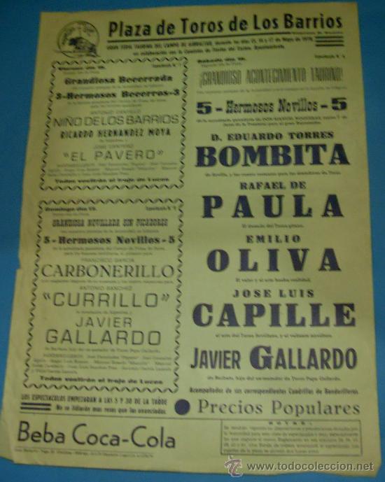 Stierkampf: CARTEL DE TOROS. PLAZA DE LOS BARRIOS. BOMBITA, RAFAEL DE PAULA, E. OLIVA CAPILLE...1970.