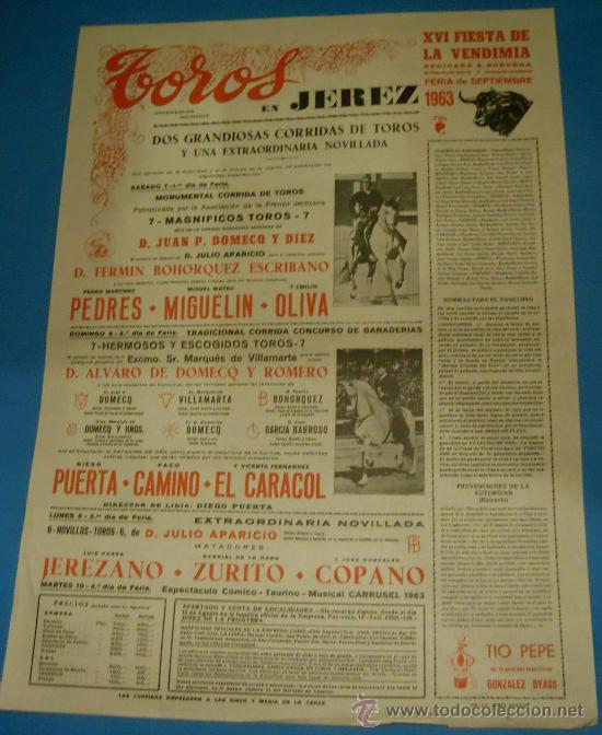 Stierkampf: CARTEL DE TOROS. PLAZA DE JEREZ. 2 CORRIDAS DE TOROS Y 1 NOVILLADA. A&Ntilde;O 1963.