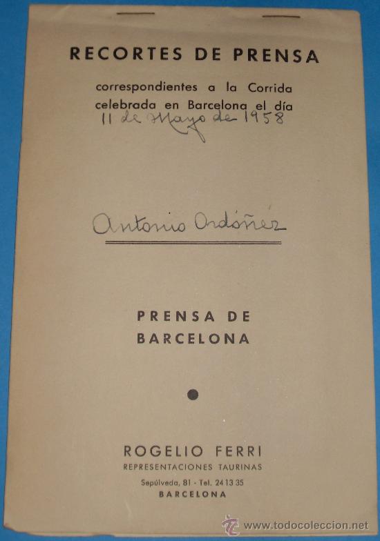Bullfighting: BOLG DE RECORTES DE PRENSA DE DIVERSOS NOTICIEROS BARCELONESES, 11 MAYO DE 1958.