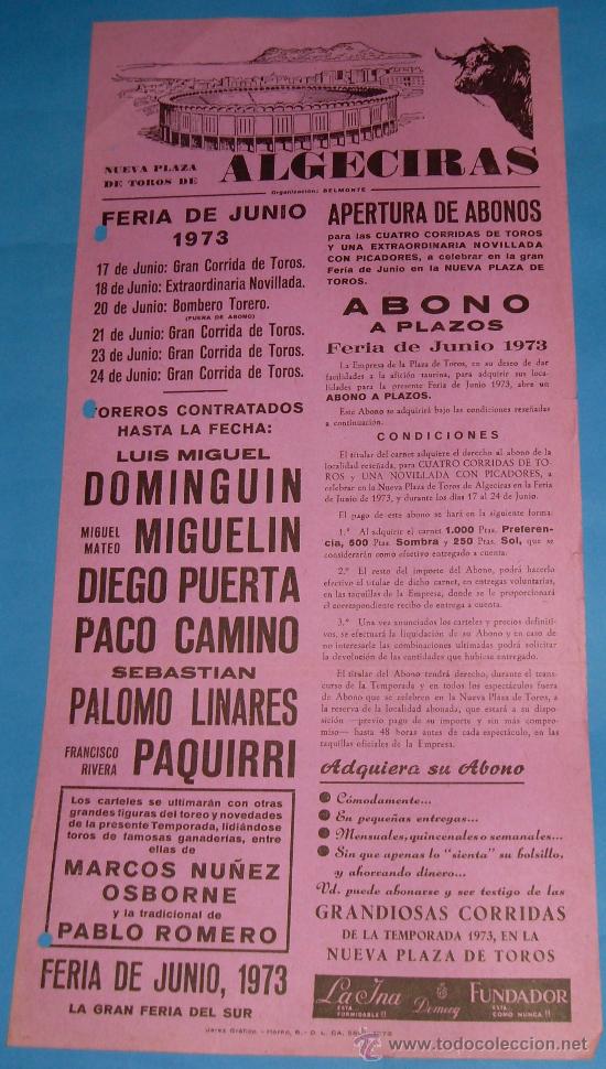 Tauromaquia: CARTEL DE TOROS. PLAZA DE ALGECIRAS. FERIA DE JUNIO 1973.