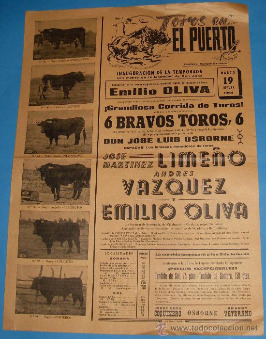 Tauromachie: CARTEL DE TOROS. PLAZA DEL PUERTO. LIME&Ntilde;O, ANDRES VAZQUEZ Y EMILIO OLIVA. A&Ntilde;O 1964.