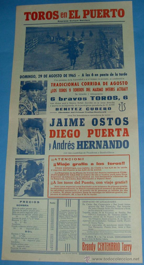 Tauromachie: CARTEL DE TOROS. PLAZA DEL PUERTO. KAIME OSTOS, DIEGO PUERTA Y ANDRES HERNANDO. A&Ntilde;O 1965.