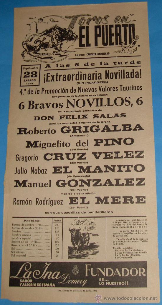 Tauromachie: CARTEL DE TOROS. PLAZA DEL PUERTO. EXTRAORDINARIA NOVILLADA. A&Ntilde;O 1974.
