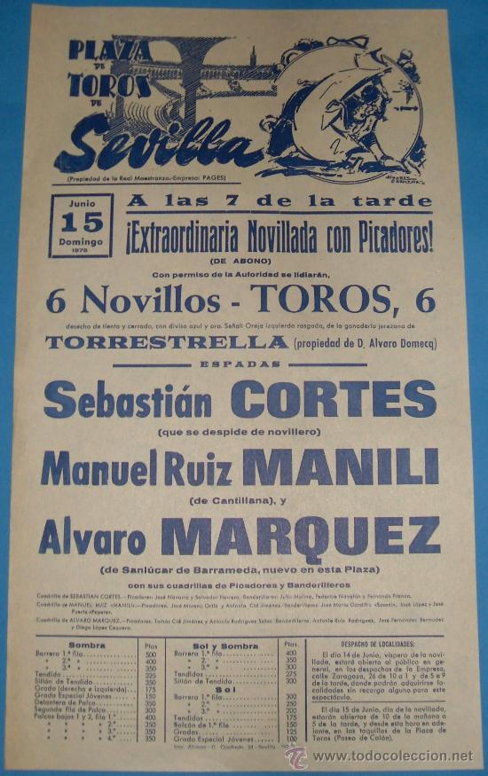 Bullfighting: CARTEL DE TOROS. PLAZA DE SEVILLA. SEBASTIAN CORTES, MANILI Y ALVARO MARQUEZ. A&Ntilde;O 1975.