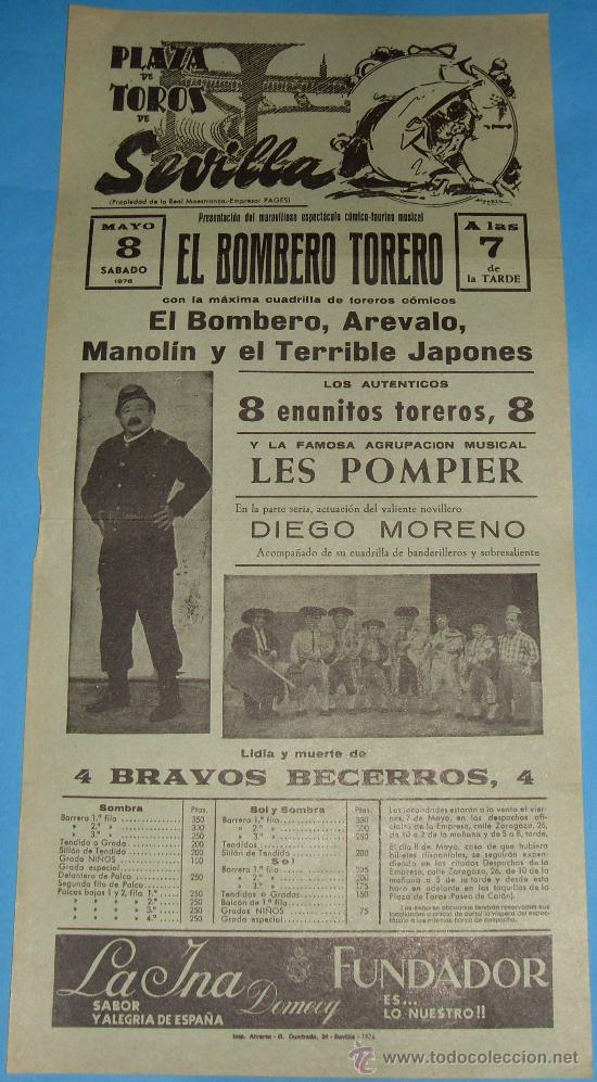 Bullfighting: CARTEL DE TOROS. PLAZA DE SEVILLA. EL BOMBERO TORERO, AREVALO, MANOLIN Y EL TERRIBLE JAPONES. 1976.