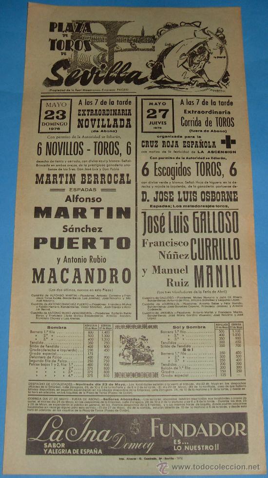 Bullfighting: CARTEL DE TOROS. PLAZA DE SEVILLA. EXTRAORDINARIA NOVILLADA Y CORRIDA DE TOROS. A&Ntilde;O 1976.