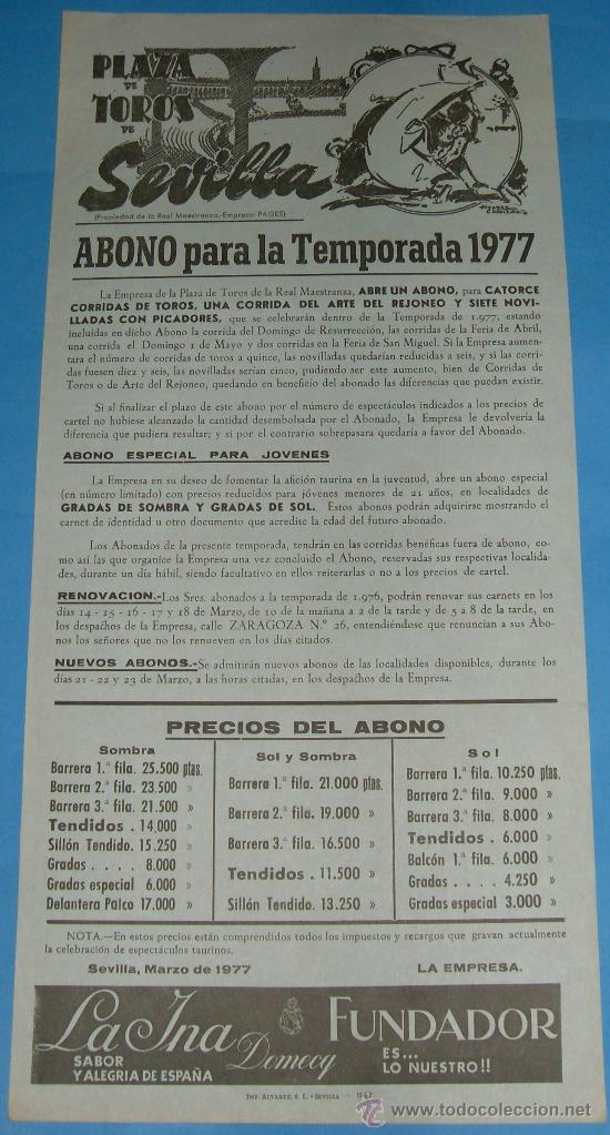 Bullfighting: CARTEL DE TOROS. PLAZA DE SEVILLA. ABONO PARA LA TEMPORADA DE 1977.