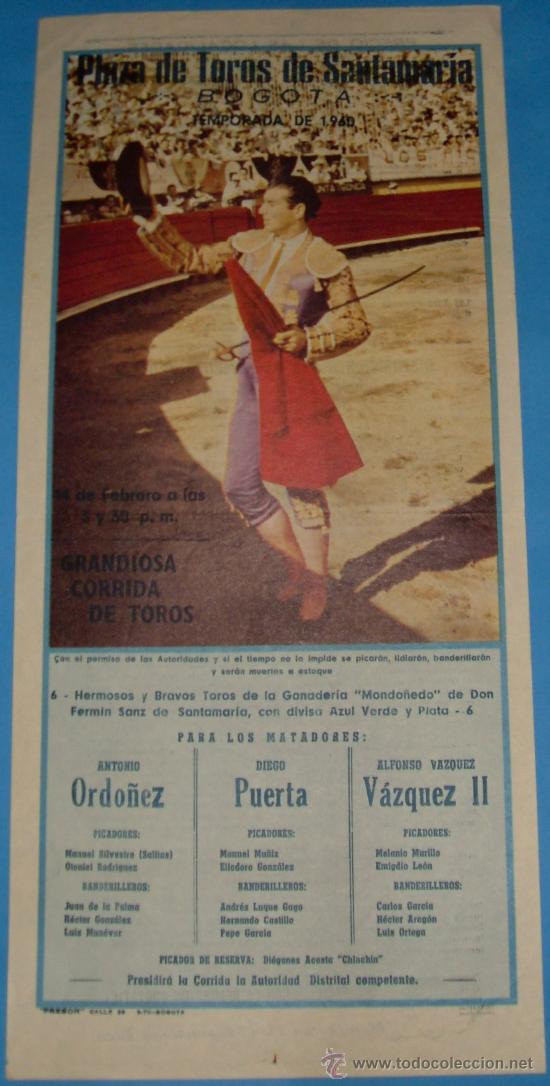 Tauromachia: CARTEL DE TOROS. PLAZA DE SANTAMARIA. BOGOTA. TEMPORADA DE 1960.
