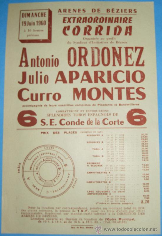 Tauromachia: CARTEL DE TOROS. PLAZA DE B&Eacute;ZIERS. A.ORDO&Ntilde;EZ, JULIO APARICIO Y CURRO MONTES. A&Ntilde;O 1960.