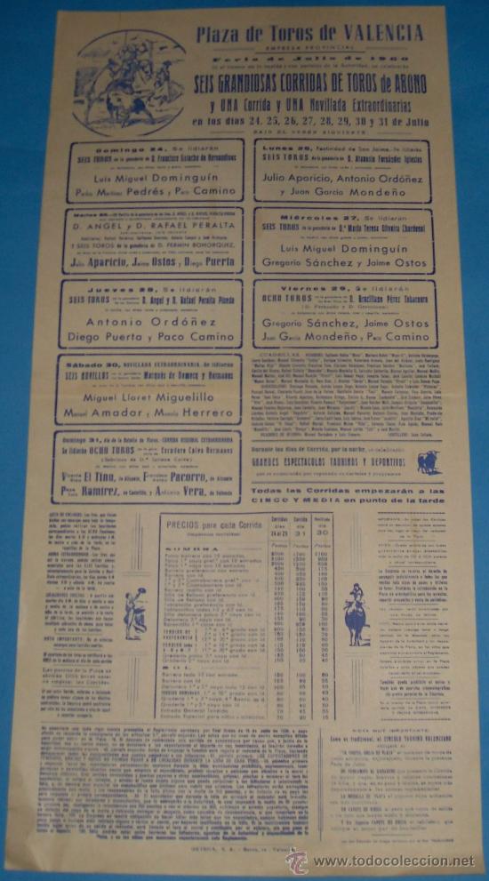 Tauromachia: CARTEL DE TOROS. PLAZA DE VALENCIA. 6 GRANDIOSAS CORRIDAS DE TOROS DE ABONO. A&Ntilde;O 1960.