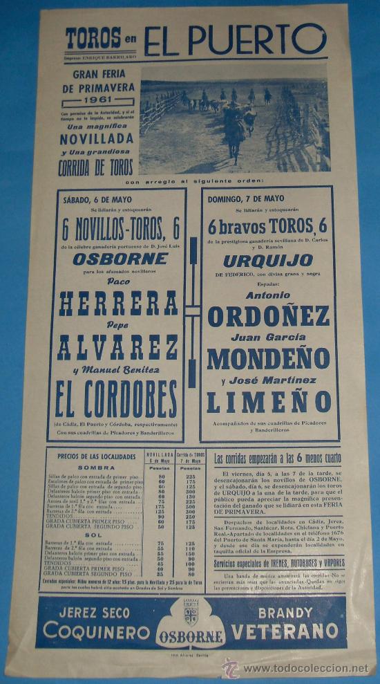 Tauromachie: CARTEL DE TOROS. PLAZA DEL PUERTO. GRAN FERIA DE PRIMAVERA 1961.