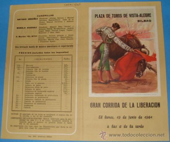 Tauromachie: PROGRAMA DE MANO. PLAZA DE VISTA-ALEGRE. GRAN CORRIDA DE LA LIBERACION. A&Ntilde;O 1961.