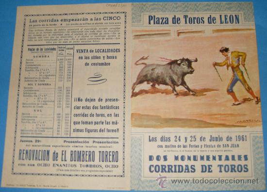 Tauromachie: PROGRAMA DE MANO. PLAZA DE LEON. DOS MONUMENTALES CORRIDAS DE TOROS. A&Ntilde;O 1961.