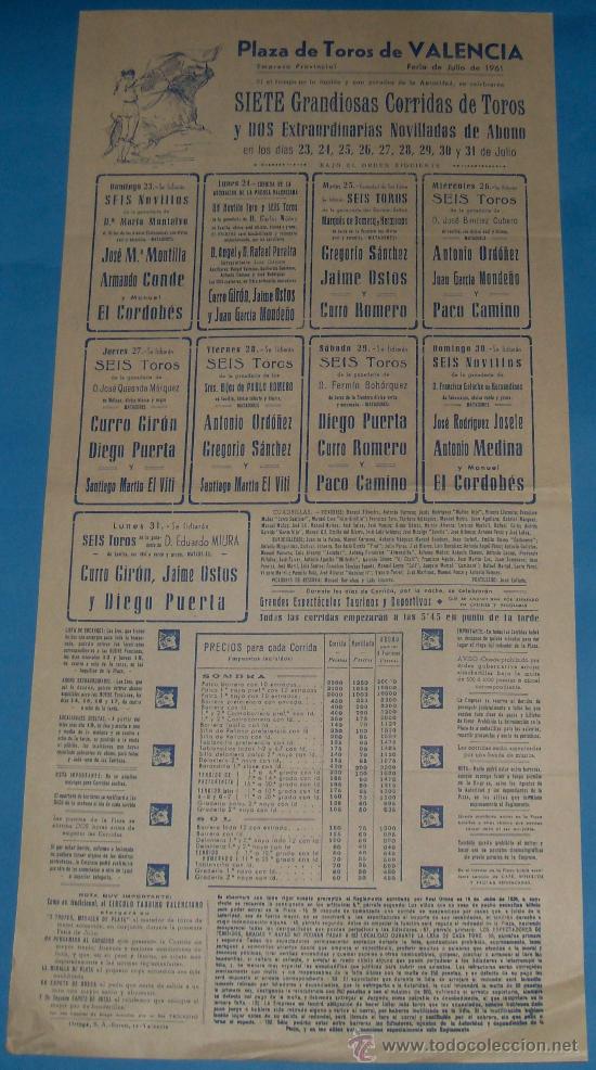 Tauromachie: CARTEL DE TOROS. PLAZA DE VALENCIA. 7 GRANDIOSAS CORRIDAS DE TOROS. A&Ntilde;O 1961.
