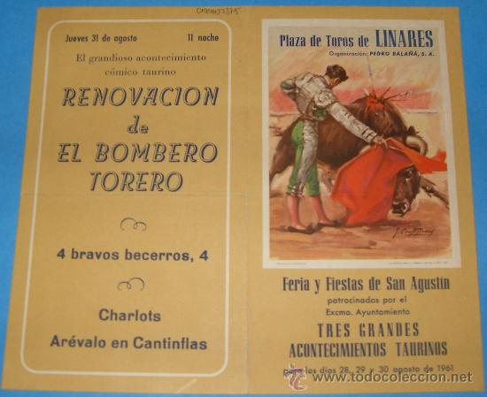 Tauromaquia: PROGRAMA DE MANO. PLAZA DE LINARES. FERIA Y FIESTAS DE SAN AGUSTIN. A&Ntilde;O 1961.