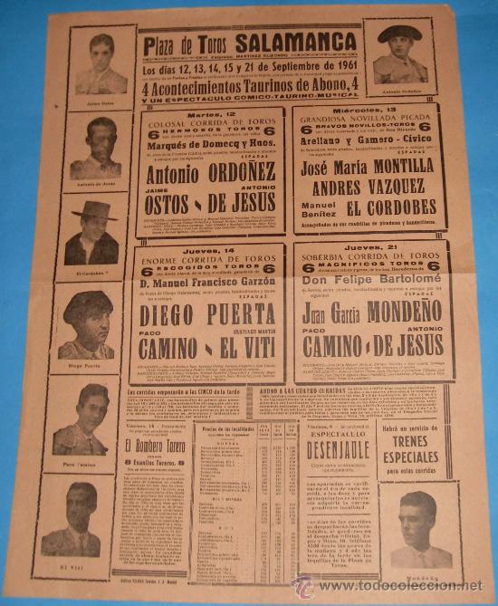 Tauromachie: CARTEL DE TOROS. PLAZA DE SALAMANCA. 4 GRANDES ACONTECIMIENTOS TAURINOS DE ABONO. A&Ntilde;O 1961.