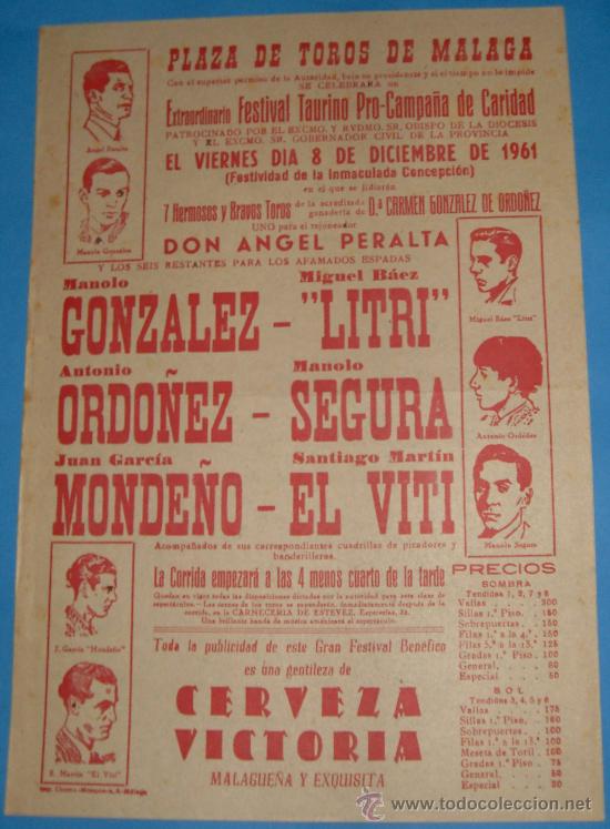 Tauromachie: CARTEL DE TOROS. PLAZA DE MALAGA. FESTIVAL TAURINO PRO-CAMPA&Ntilde;A DE CARIDAD. A&Ntilde;O 1961.