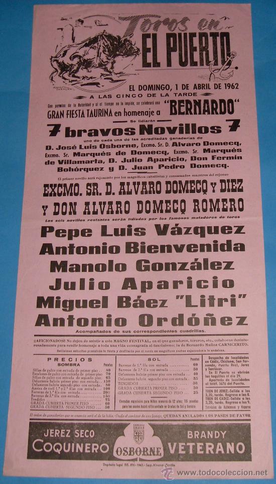 Tauromachie: CARTEL DE TOROS. PLAZA DEL PUERTO. 7 BRAVOS NOVILLOS. ABRIL 1962.