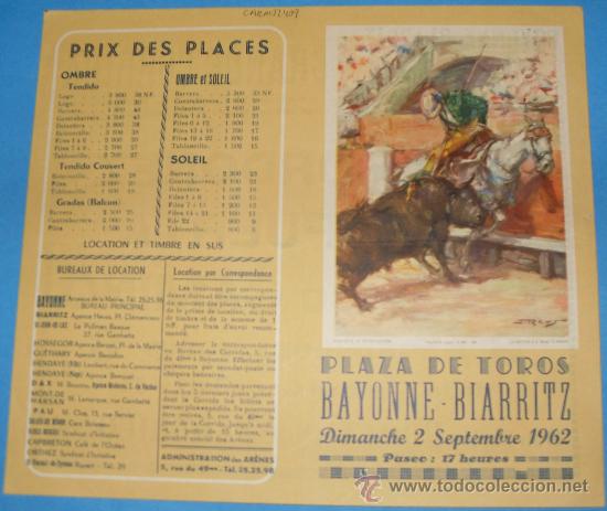 Tauromachie: PROGRAMA DE MANO. PLAZA DE BAYONNE-BIARRITZ. A. ORDO&Ntilde;EZ, DIEGO PUERTA Y PACO CAMINO. A&Ntilde;O 1962.