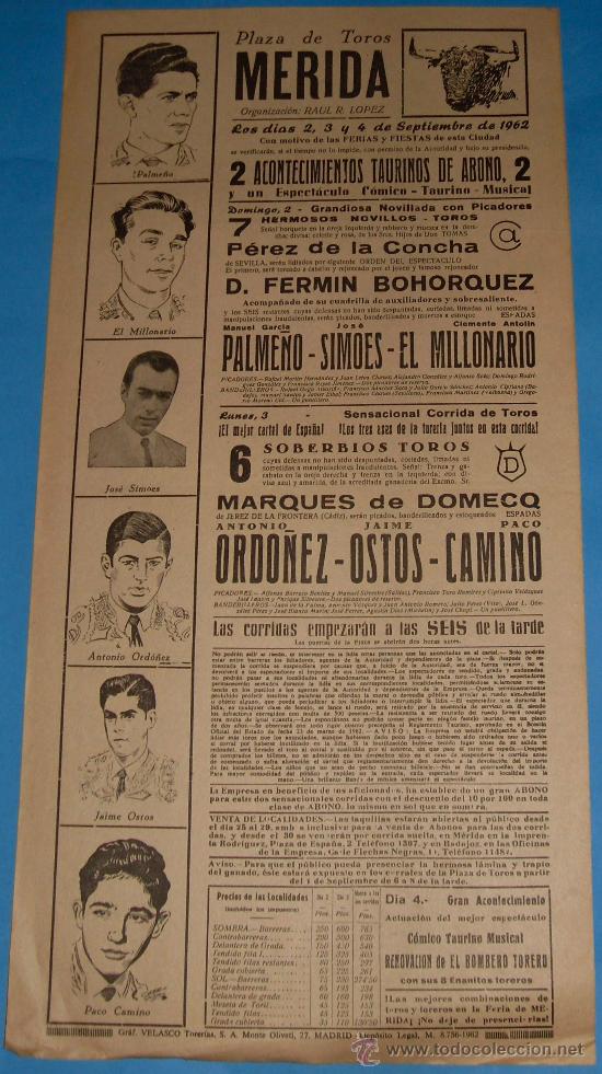 Tauromachie: CARTEL DE TOROS. PLAZA DE MERIDA. 2 ACONTECIMIENTOS TAURINOS DE ABONO. A&Ntilde;O 1962.