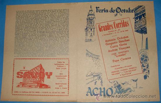 Tauromaquia: PROGRAMA DE MANO. PLAZA DE ACHO. FERIA DE OCTUBRE 1962. - Foto 1