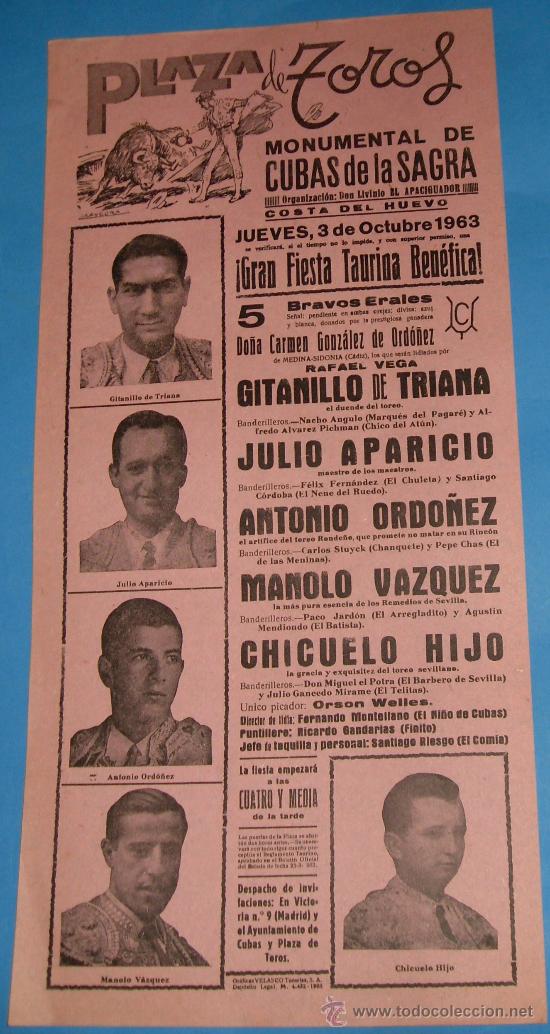 Tauromachie: CARTEL DE TOROS. PLAZA DE TOROS DE CUBAS DE LA SAGRA. GITANILLO DE TRIANA, JULIO APARICIO...A&Ntilde;O 1963