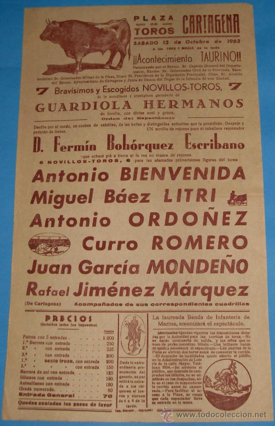 Tauromachie: PROGRAMA DE MANO. PLAZA DE CARTAGENA. GRAN ACONTECIMIENTO TAURINO. OCTUBRE 1963.