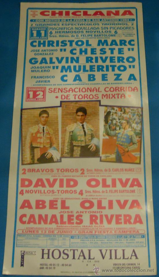 Tauromachie: CARTEL DE TOROS. PLAZA DE CHICLANA. CON MOTIVO DE LA FERIA DE SAN ANTONIO 1994.