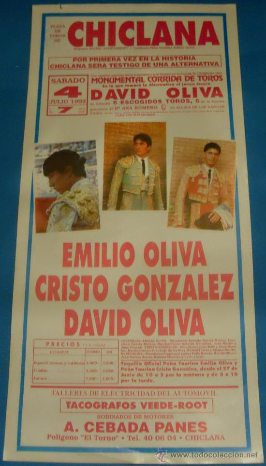Tauromachie: CARTEL DE TOROS. PLAZA DE CHICLANA. EMILIO OLIVA, CRISTO GONZALEZ Y DAVID OLIVA. A&Ntilde;O 1992.