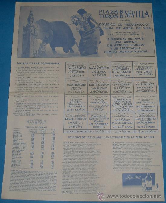 Tauromachie: CARTEL DE TOROS. PLAZA DE SEVILLA. DOMINGO DE RESURRECCION Y FERIA DE ABRIL DE 1984.