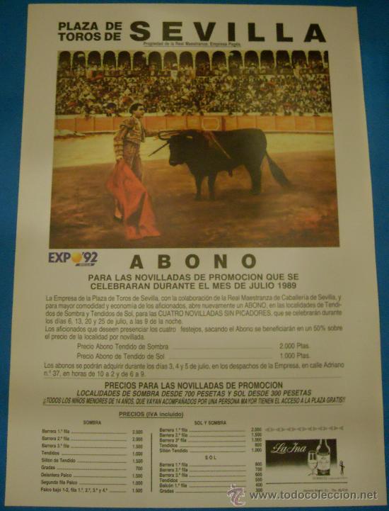 Tauromachie: CARTEL DE TOROS. PLAZA DE SEVILLA. CARTEL DE ABONO PARA LAS NOVILLADAS DE PROMOCION DEL MES DE JULIO