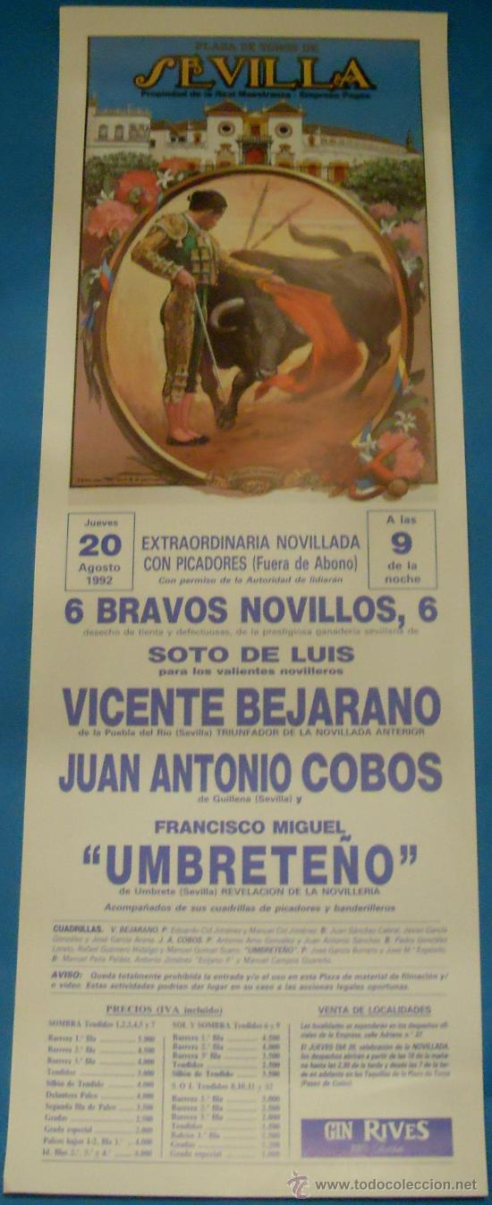 Tauromachie: PROGRAMA DE MANO. PLAZA DE SEVILLA. VICENTE BEJARANO, JUAN A. COBOS Y UMBRETE&Ntilde;O. A&Ntilde;O 1992.