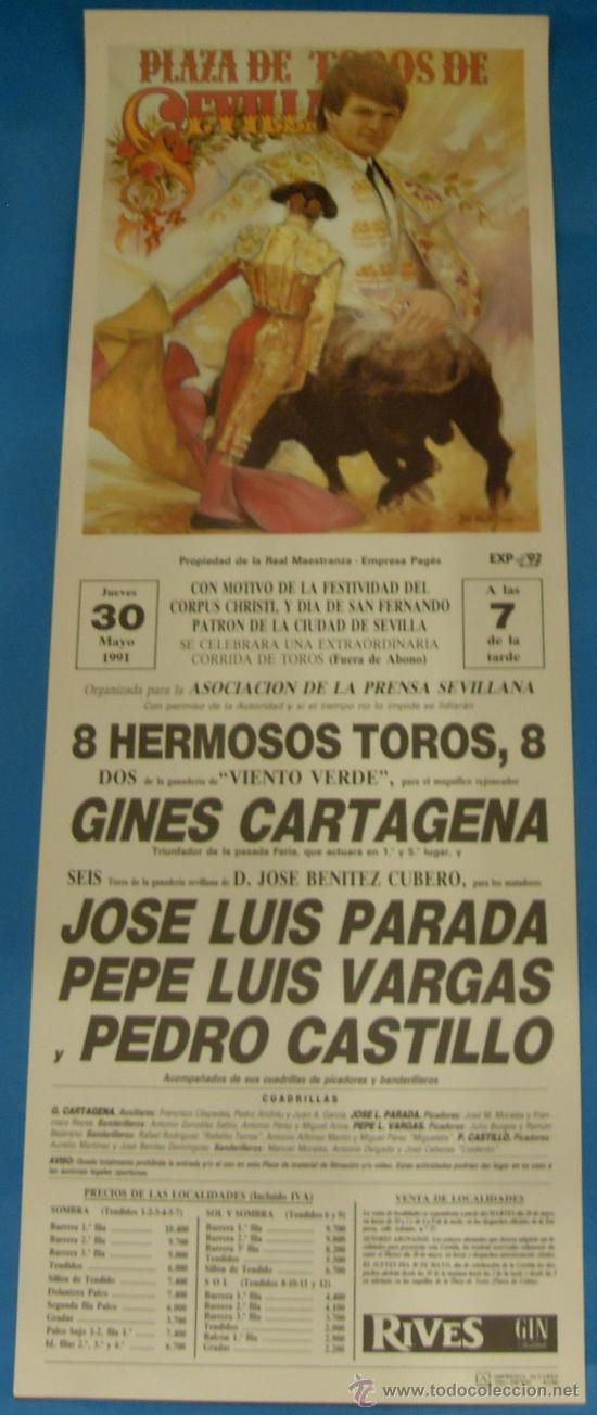 Tauromachia: CARTEL DE TOROS. PLAZA DE SEVILLA. JOSE L. PARADA, PEPE L. VARGAS Y PEDRO CASTILLO. A&Ntilde;O 1991.