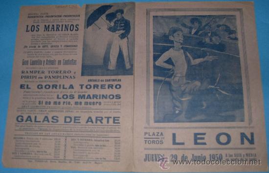 Tauromachia: PROGRAMA DE MANO. PLAZA DE LEON. ESPECTACULO DE HUMOR GALAS DE ARTE. A&Ntilde;O 1950.