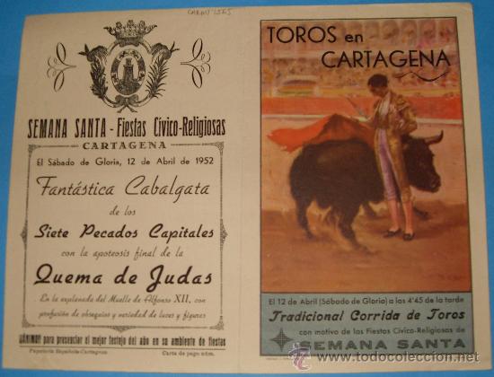 Tauromachia: PROGRAMA DE MANO. PLAZA DE CARTAGENA. CON MOTIVO DE LAS FIESTAS CIVICO-RELIGIOSAS. A&Ntilde;O 1952.