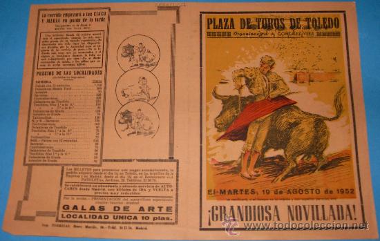 Tauromachie: PROGRAMA DE MANO. PLAZA DE TOLEDO. GRANDIOSA NOVILLADA. A&Ntilde;O 1952.
