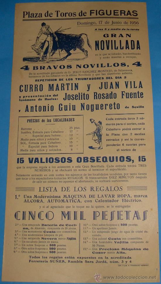 Tauromaquia: PROGRAMA DE MANO. PLAZA DE FIGUERAS. CURRO MARTIN, JUAN VILA, JOSELITO ROSADO FUENTE...A&Ntilde;O 1956.