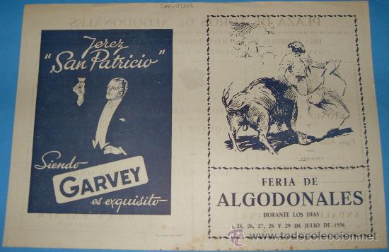 Tauromaquia: PROGRAMA DE MANO. PLAZA DE ALGODONALES. FERIA DE ALGODONALES 1956. - Foto 1