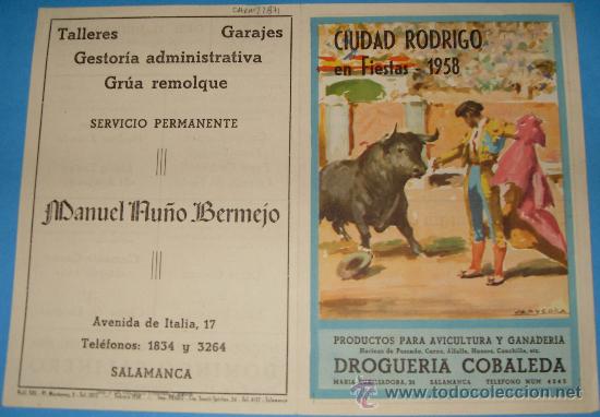 Bullfighting: PROGRAMA DE MANO. PLAZA DE CIUDAD RODRIGO. FIESTAS A&Ntilde;O 1958.