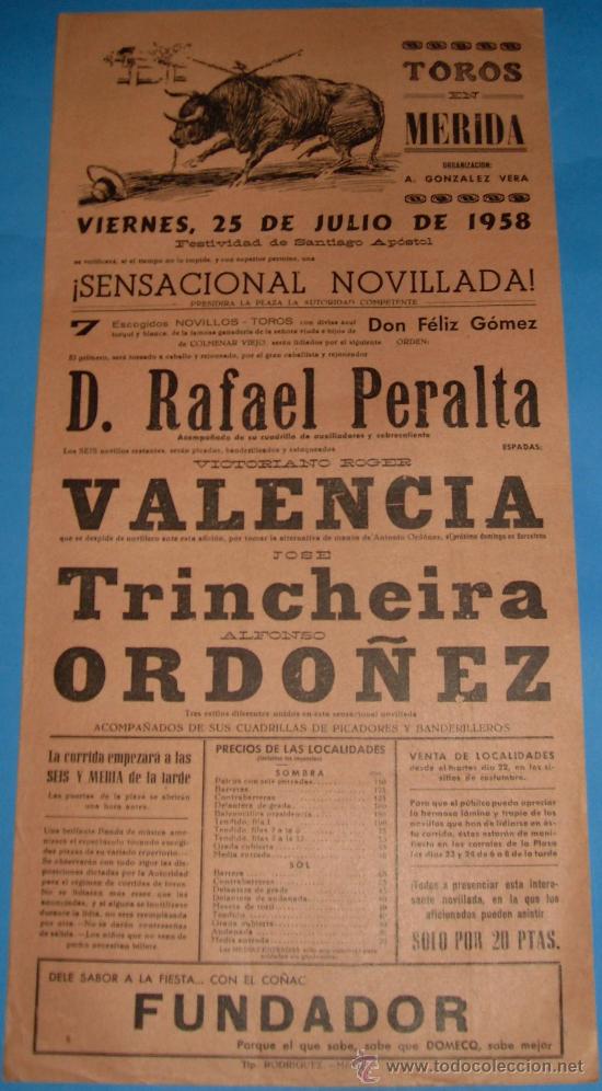 Bullfighting: CARTEL DE TOROS. PLAZA DE MERIDA. VICTORIANO ROGER VALENCIA, JOSE TRINCHEIRA Y ALFONSO ORDO&Ntilde;EZ.