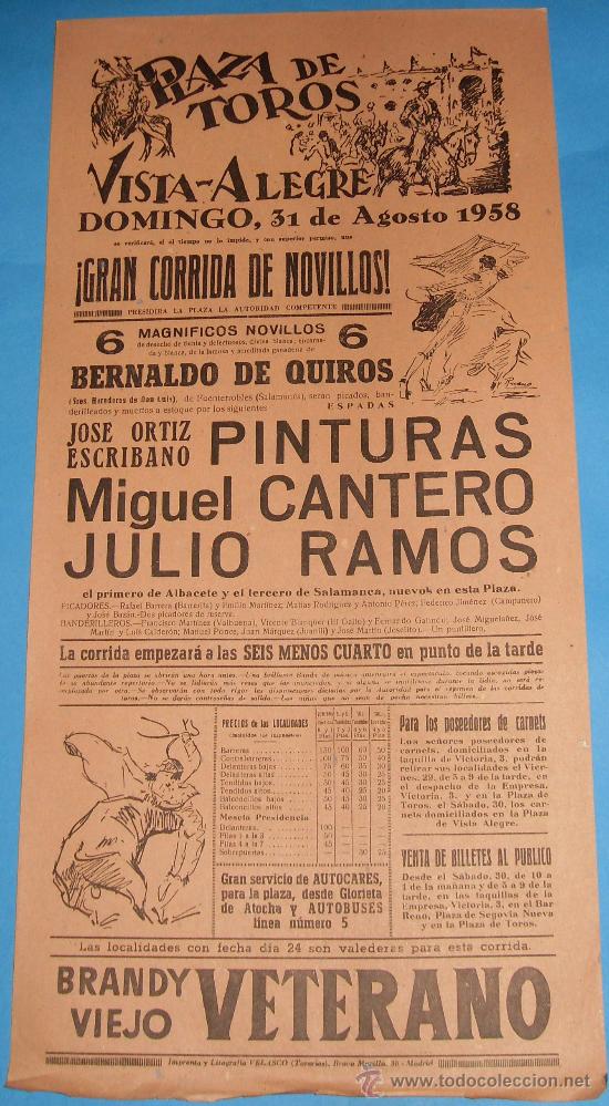 Bullfighting: CARTEL DE TOROS. PLAZA DE VISTA-ALEGRE. JOSE ORTIZ ESCRIBANO PINTURAS, MIGUEL CANTERO Y JULIO RAMOS.