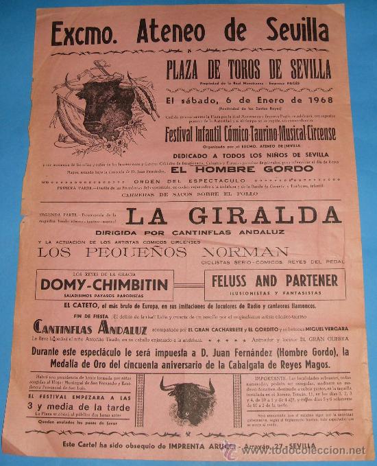 Bullfighting: CARTEL DE TOROS. PLAZA DE SEVILLA. FESTIVAL INFANTIL COMICO-TAURINO-MUSICAL-CIRCENSE. A&Ntilde;O 1968.