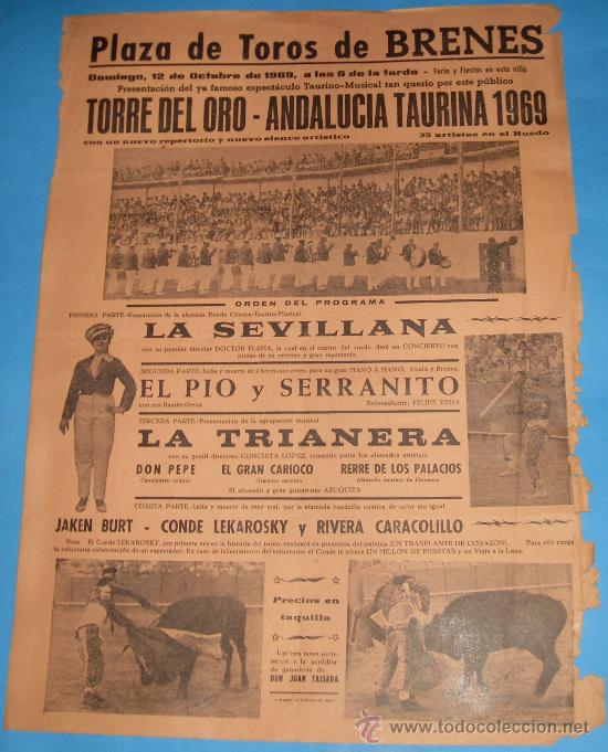 Bullfighting: CARTEL DE TOROS. PLAZA DE BRENES. ESPECTACULO TORRE DEL ORO-ANDALUCIA TAURINA 1969.